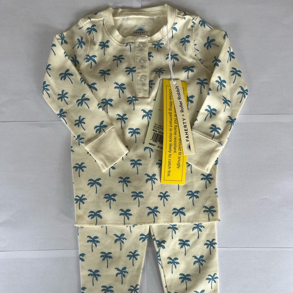 Faherty x Roller Rabbit Kids Pajamas Set - Cream with Blue Palm Trees